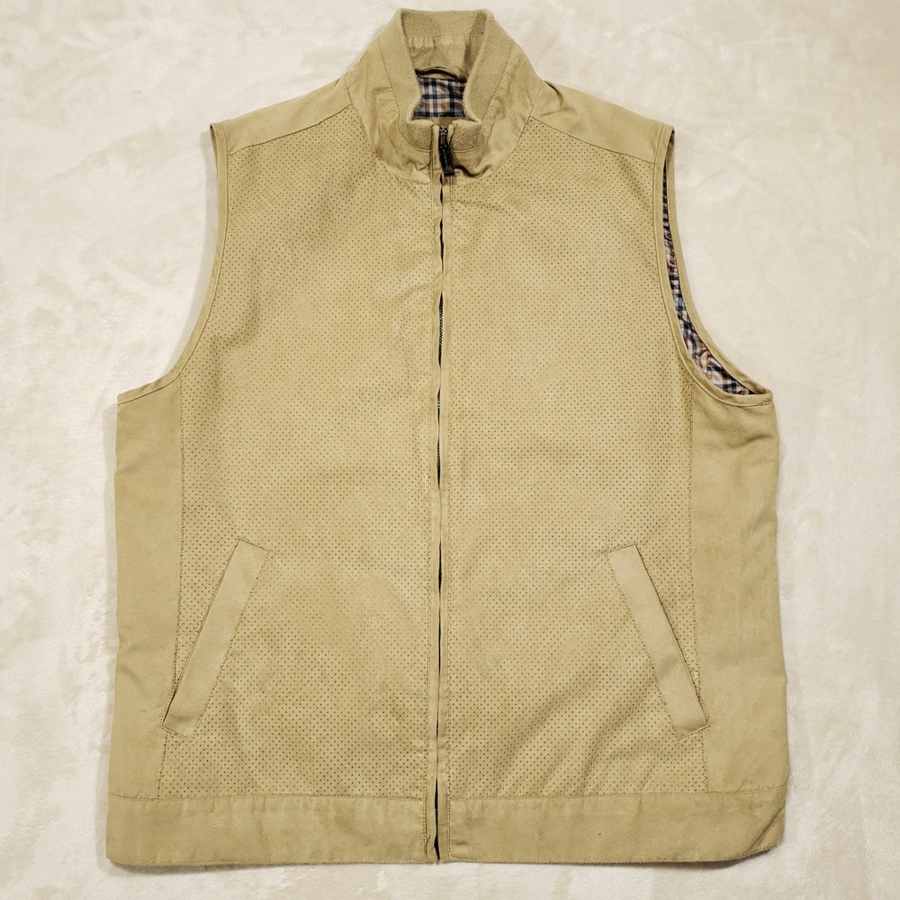 Johnston & Murphy Vest Men Medium Tan Perforated Faux Suede Plaid Lined Full Zip